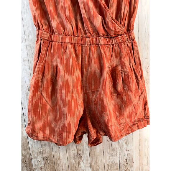 Toad&Co Shakti‎ Romper Womens M Rust Ikat Organic Stretch Tie Waist Faux Wrap - Picture 7 of 12